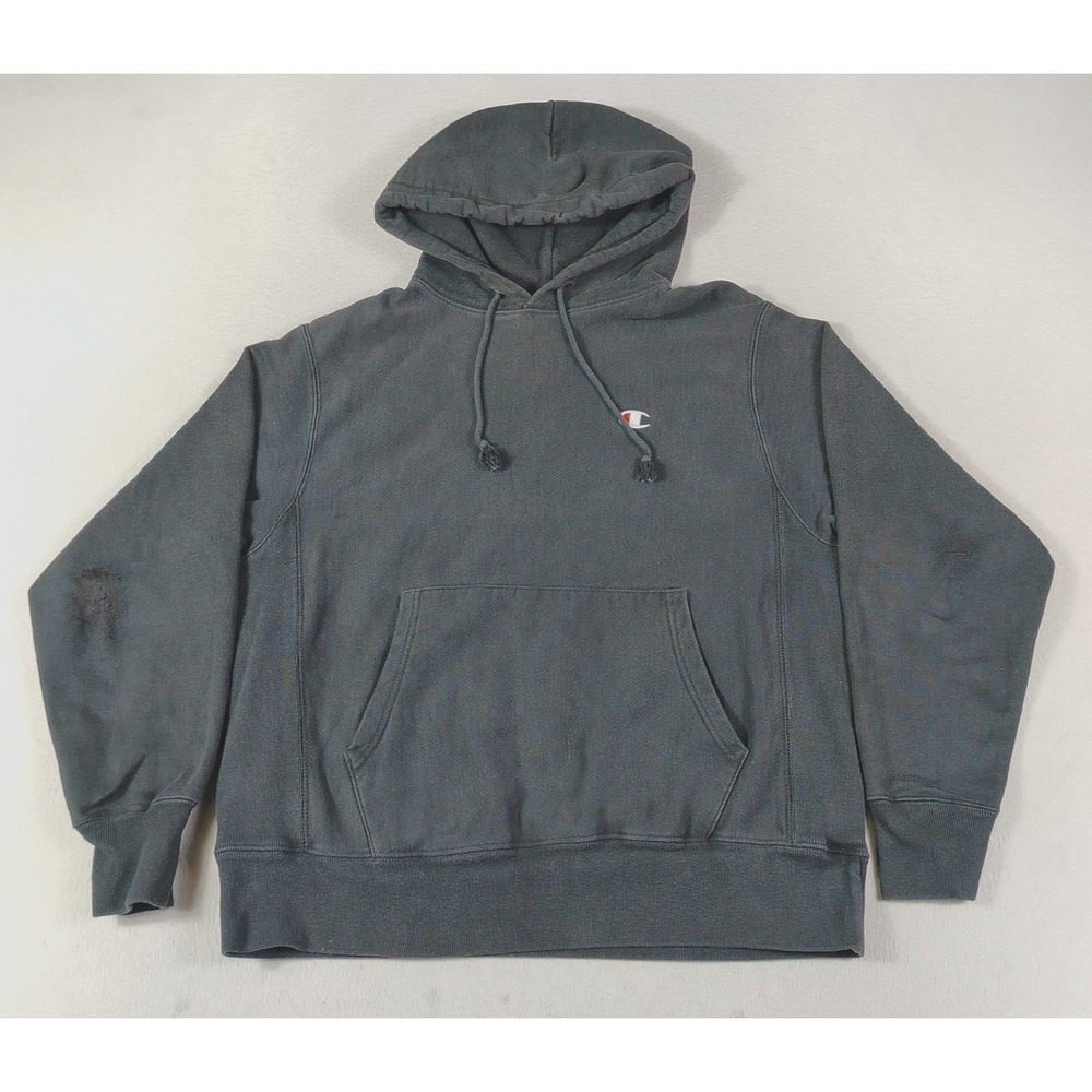 Champion Reverse Weave Hoodie Sweatshirt Mens Medium Black Thrashed Distressed